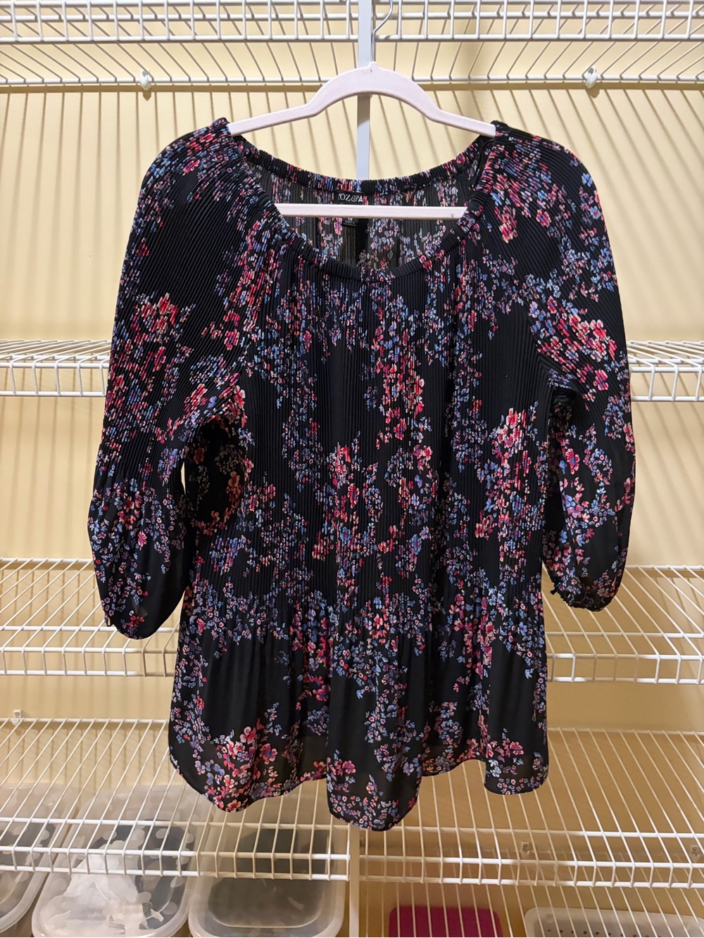 Roz & Ali Black Floral Peasant Blouse with Pink & Blue Flowers